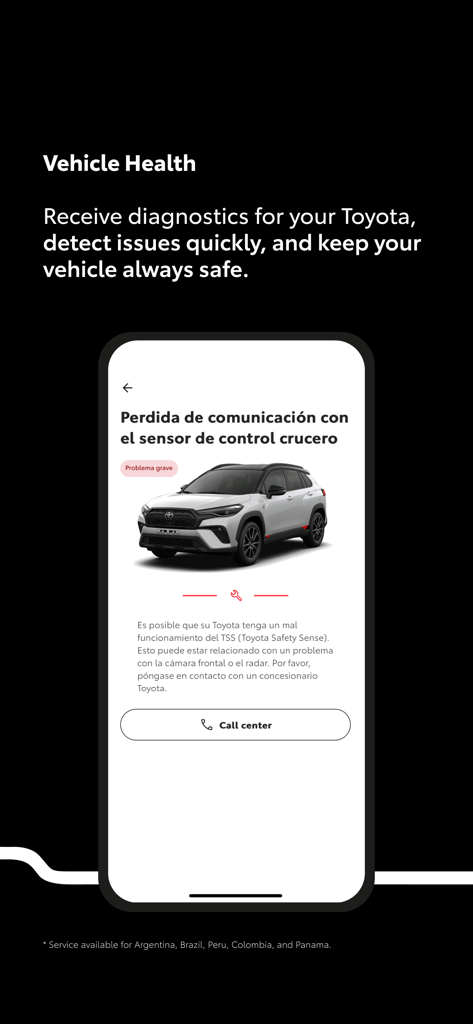 Toyota LATAM app screen displaying a vehicle health diagnostic alert and a serious cruise control sensor issue