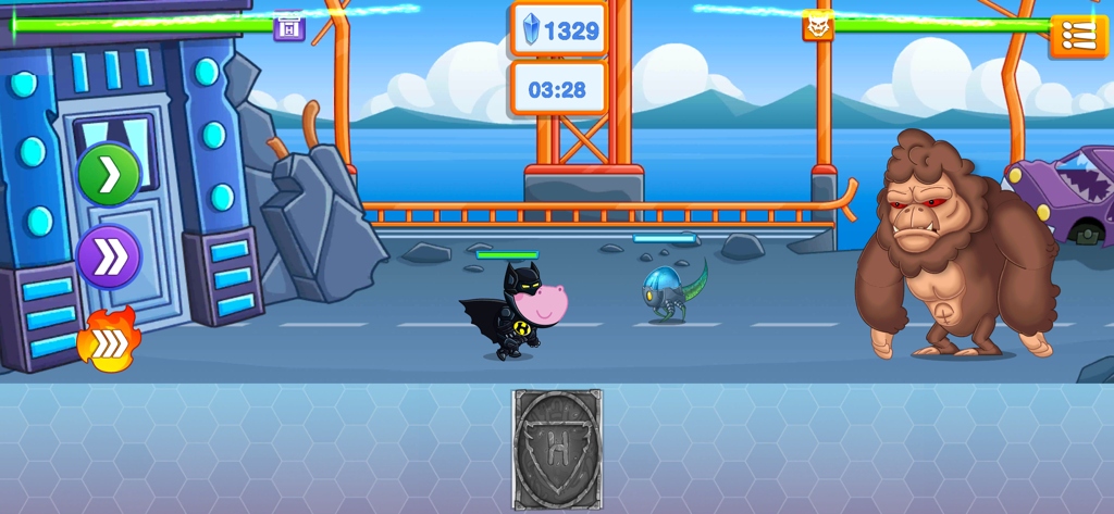 Hippo: Superheroes Battle - Hippo superhero in a bat costume facing a giant gorilla boss on a city bridge