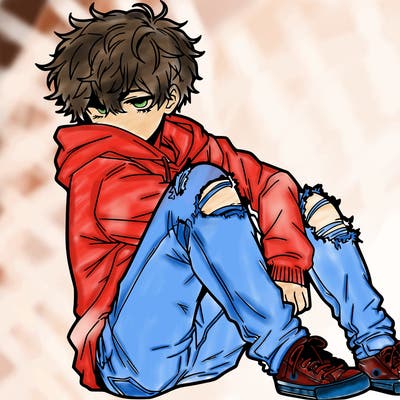 a male hoddie ripped jeans messy hair anime