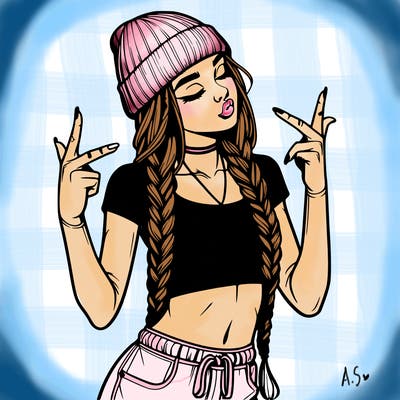realistic teenage girl with braids and a beanie and crop top doing 🫶🏼