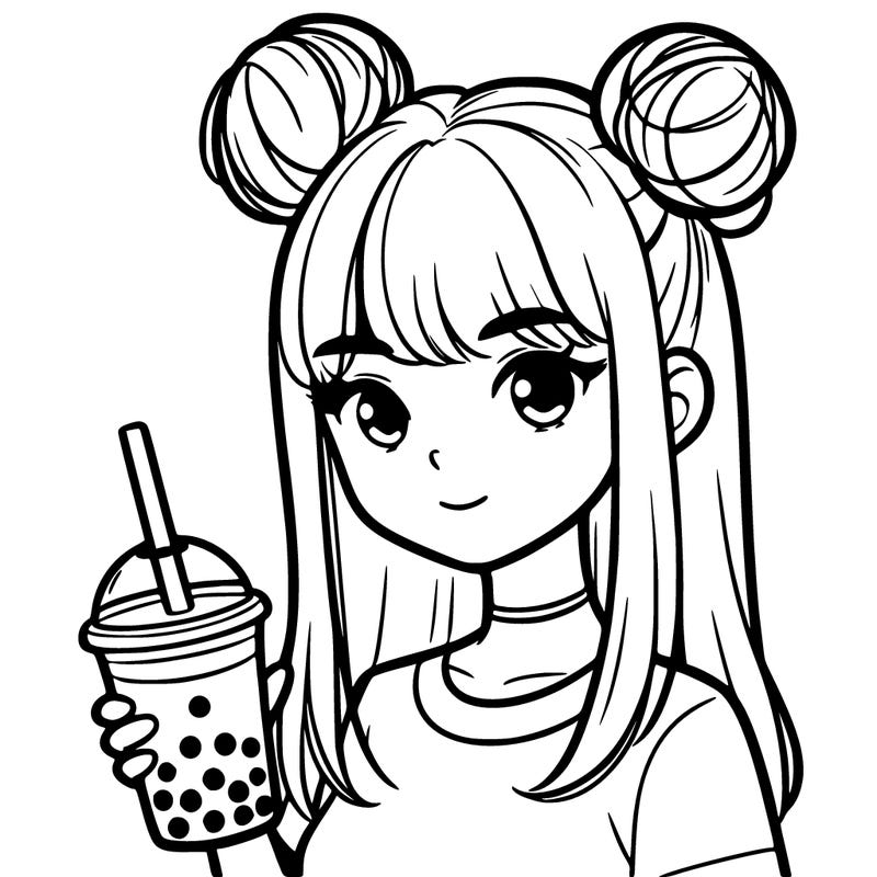 realistic girl holding boba cup with buns on the top of her head