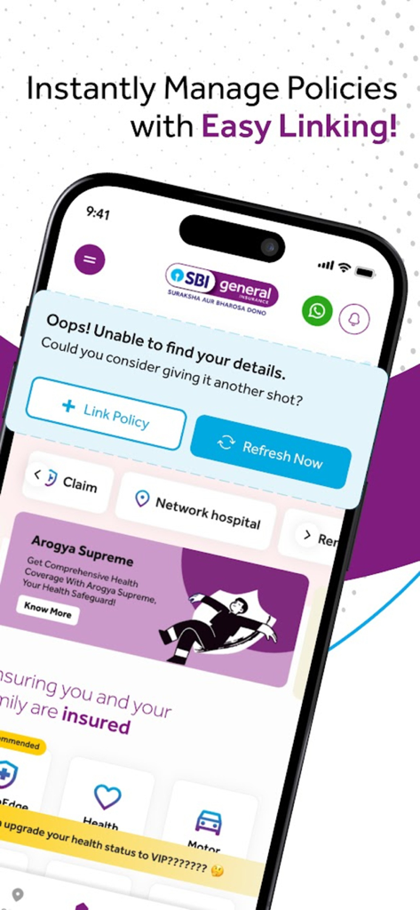 SBI General Insurance - Interfaz de la aplicación SBI General Insurance que muestra opciones para vincular y gestionar pólizas de seguro en la pantalla de un smartphone.