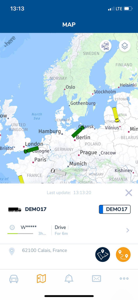 A real-time truck tracking map showing vehicle locations and status in the DBK Fleet Management app