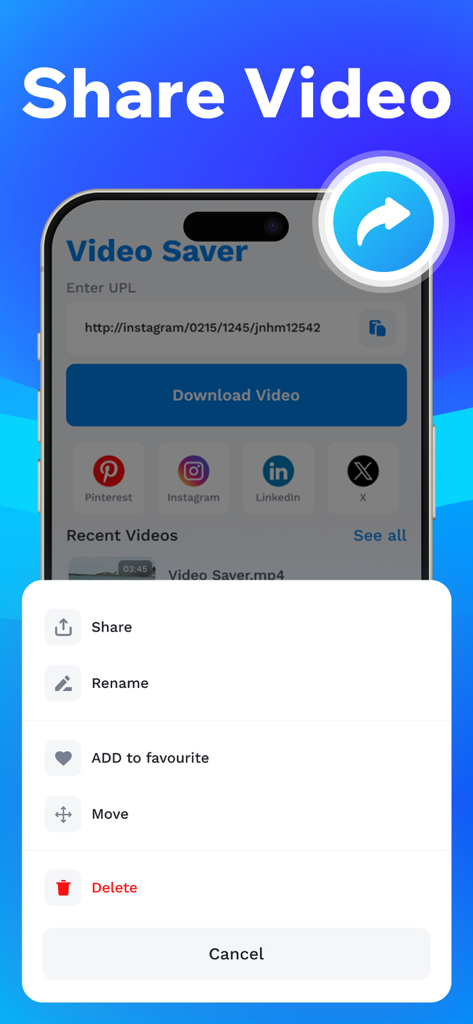Video Downloader : Download - Mobile app interface showing video management options including share rename and add to favorites