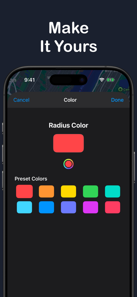 Radius app color selection screen for customizing map distance circles