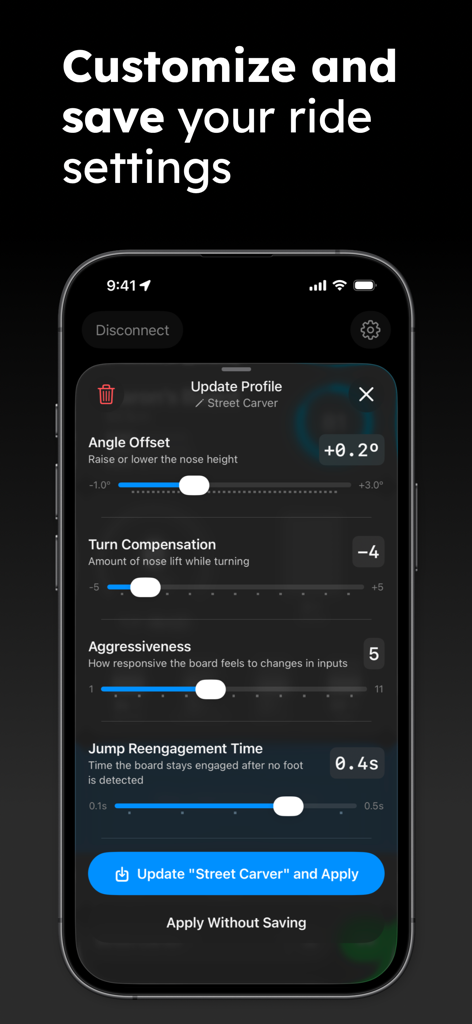 Nosedive - Interfaz de la aplicación Nosedive que muestra la configuración de personalización del perfil de conducción para patinetas eléctricas