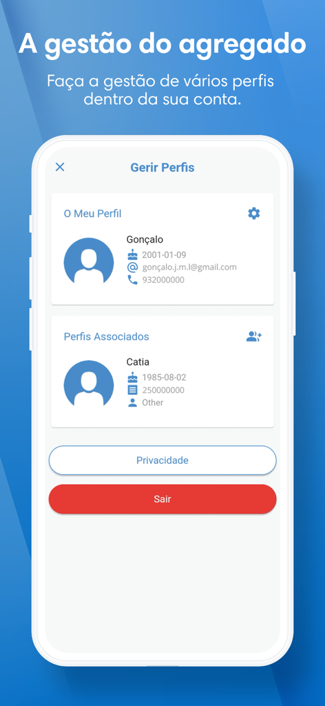 My Affidea Portugal - My Affidea Portugal app interface for managing family profiles and household health records