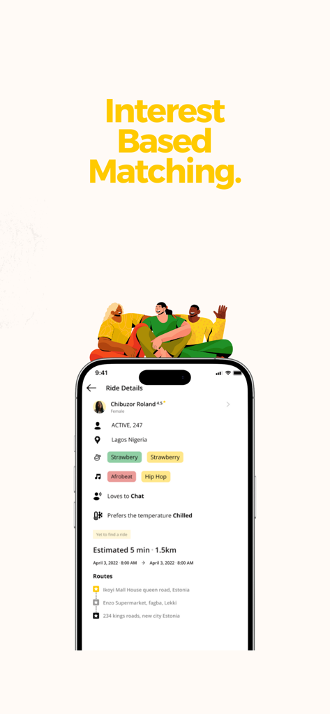 Rideshare NG - Rideshare NG app screen showing interest based matching with profile details for professional carpooling in Lagos