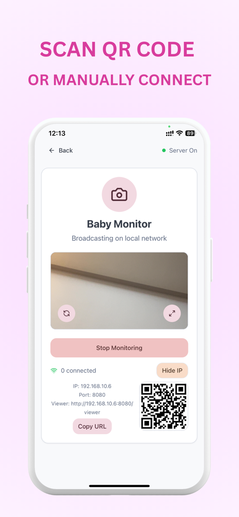 ZOYA Baby Monitor (Local Wifi) - Interface du Babyphone ZOYA affichant un code QR et une adresse IP pour la connexion au réseau local.