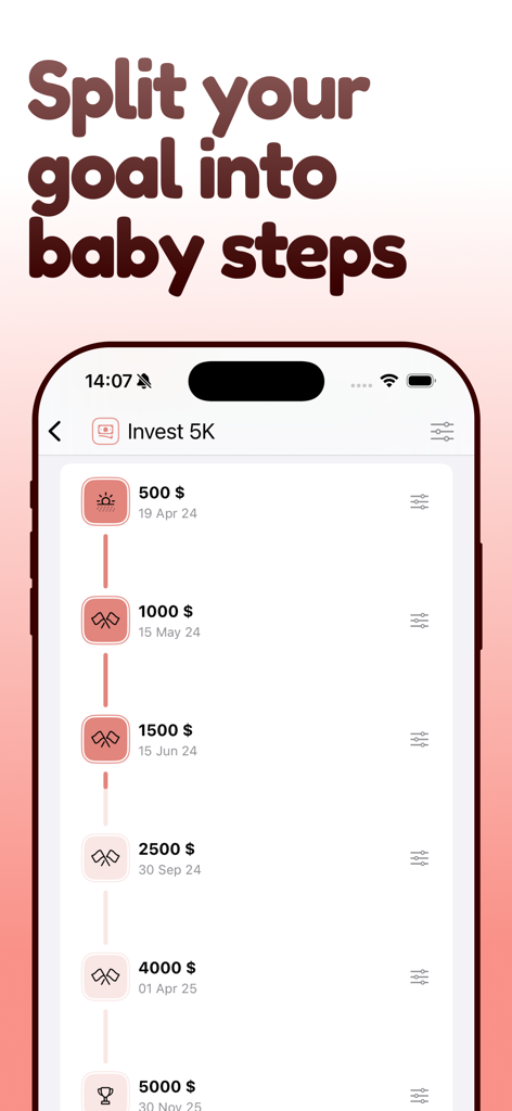 Aim app interface showing a goal broken down into smaller achievable milestones