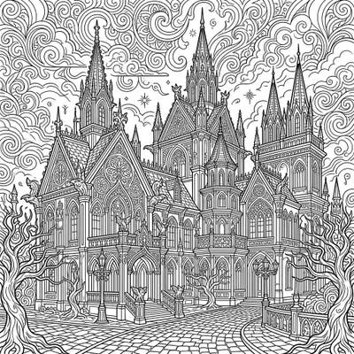 Step into a world of dark majesty with this intricate Imperial Palace coloring page, boasting a captivating Gothic aesthetic. Its ornate spires, arched windows, and mysterious charm offer a unique and engaging artistic journey.