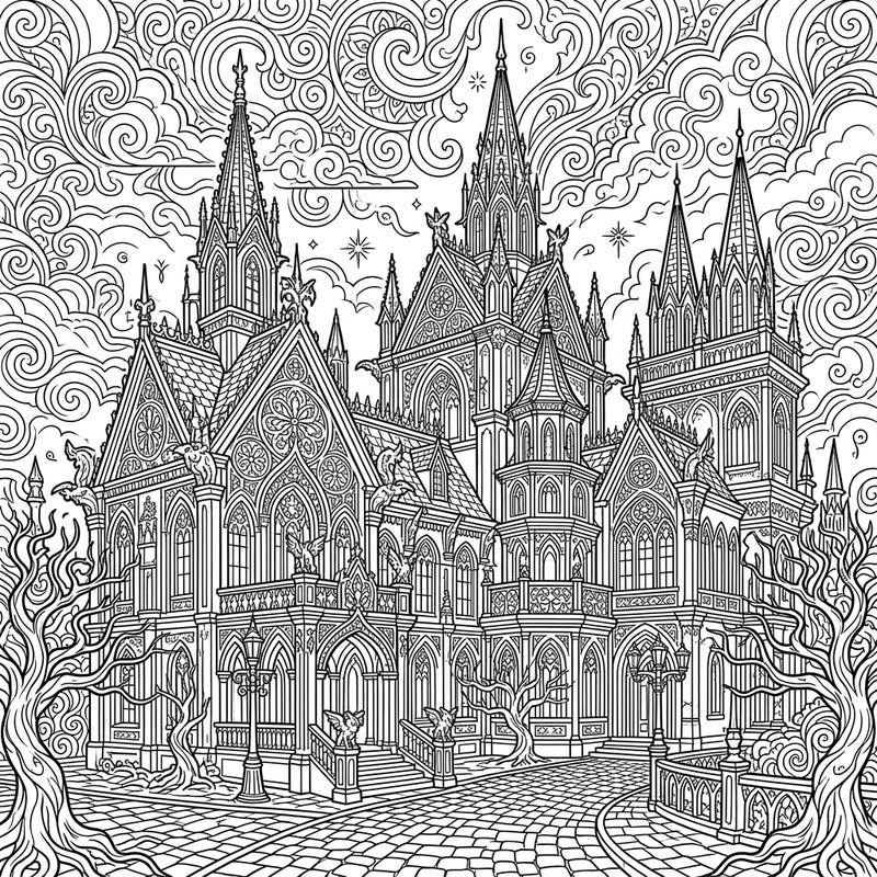 Step into a world of dark majesty with this intricate Imperial Palace coloring page, boasting a captivating Gothic aesthetic. Its ornate spires, arched windows, and mysterious charm offer a unique and engaging artistic journey.