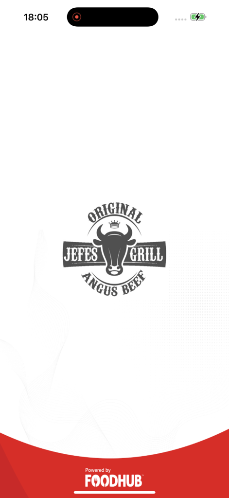 Schermata di avvio dell'app mobile Jefes Grill con il logo del marchio con la testa di toro e il testo Powered by Foodhub