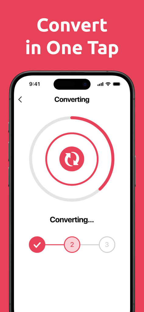 A mobile phone screen showing the MP3 Audio Converter app conversion process with a progress circle and one tap text.