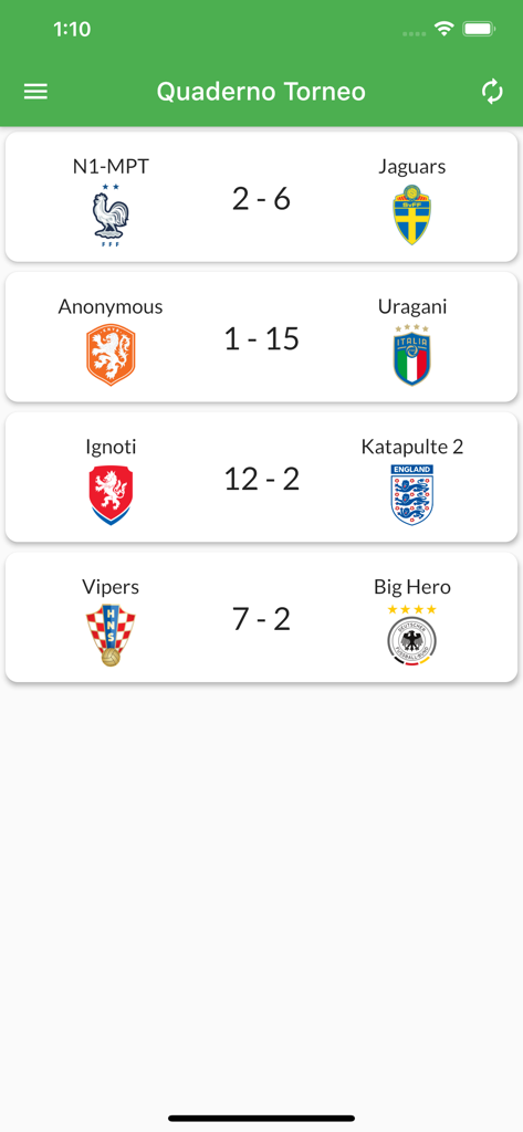 Interfaccia dell'app mobile che visualizza i risultati delle partite del torneo di calcio giovanile e i punteggi delle squadre.