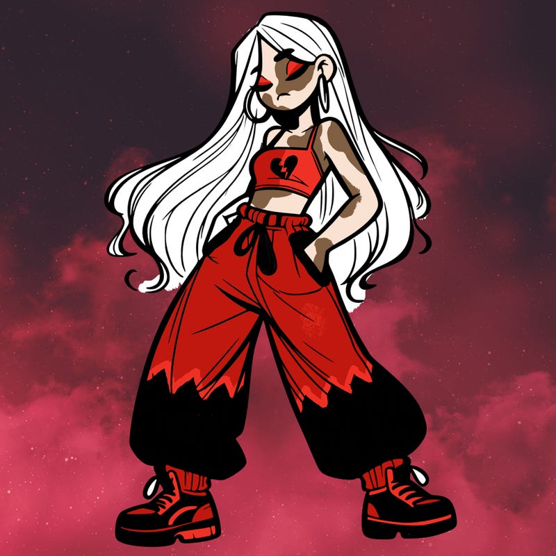 girl in baggy pants crop top and long hair