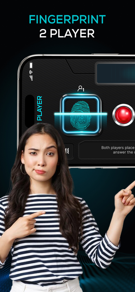 Una mujer señalando la interfaz del escáner de huellas dactilares de una aplicación de broma de detector de mentiras para dos jugadores