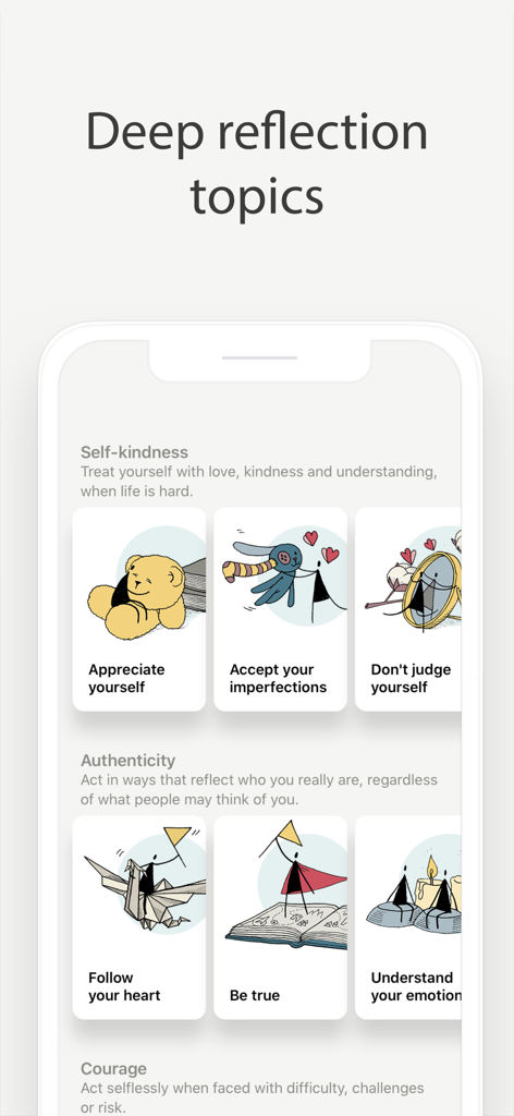 Guided reflection topics for self-kindness and authenticity in the Reflect journal app.