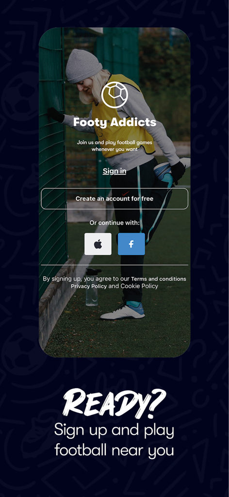 Footy Addicts: Play Football - Footy Addicts app sign up screen showing a player stretching on a football pitch
