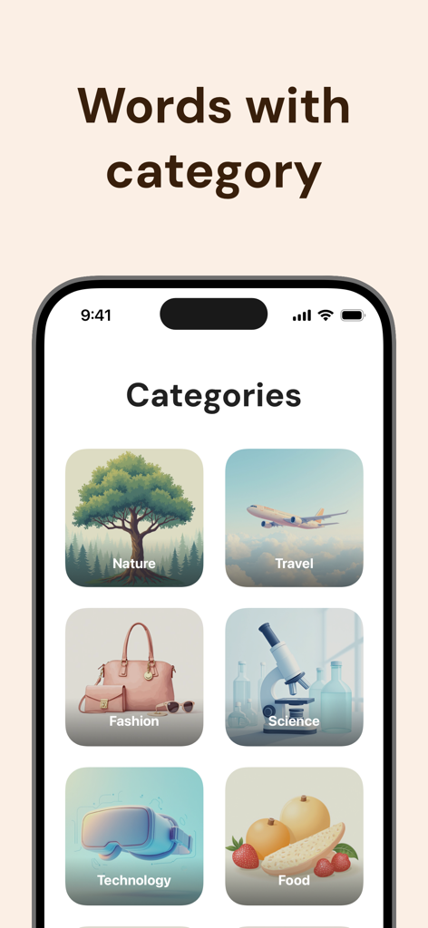 Word of The Day Widget - Voca - Interface of the Voca app displaying different vocabulary categories like Nature, Travel, and Fashion with minimalist illustrations.