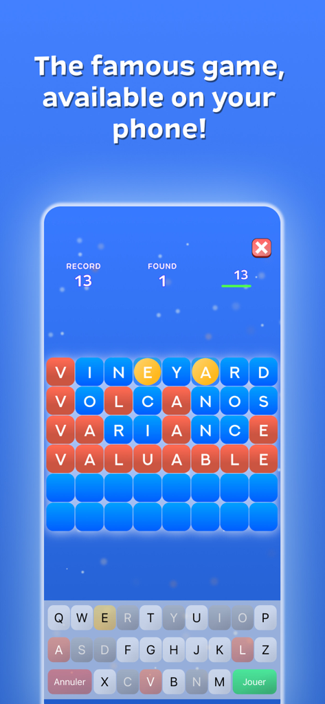 Gameplay interface of Play Motus showing a word puzzle grid with red and yellow letter indicators on a blue background