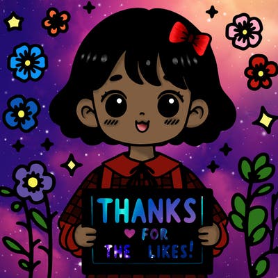 a cute girl with a sign that says "thanks for the likes!"
