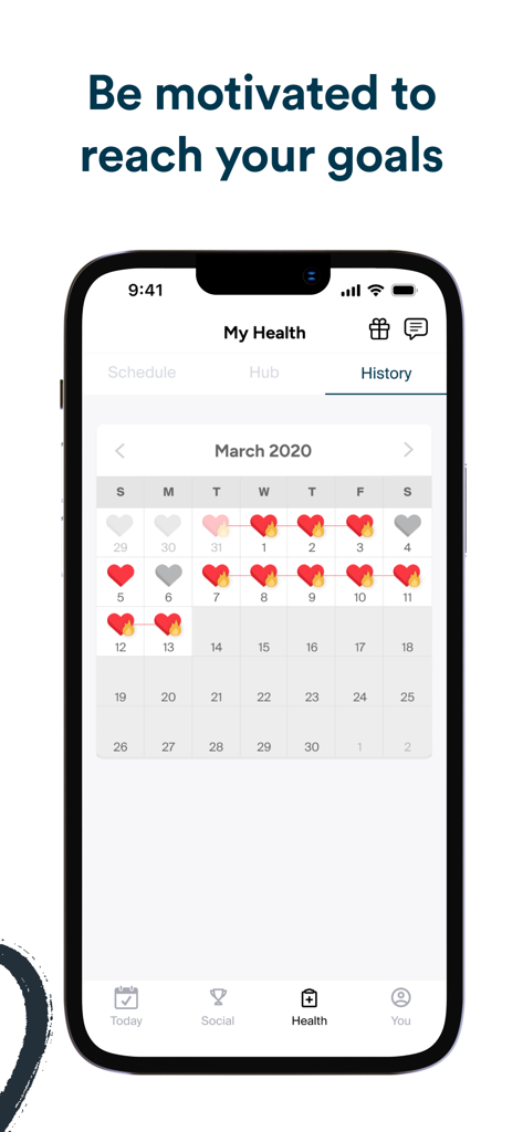 A smartphone screen showing the Perx Health app history calendar with red heart icons representing daily health task streaks