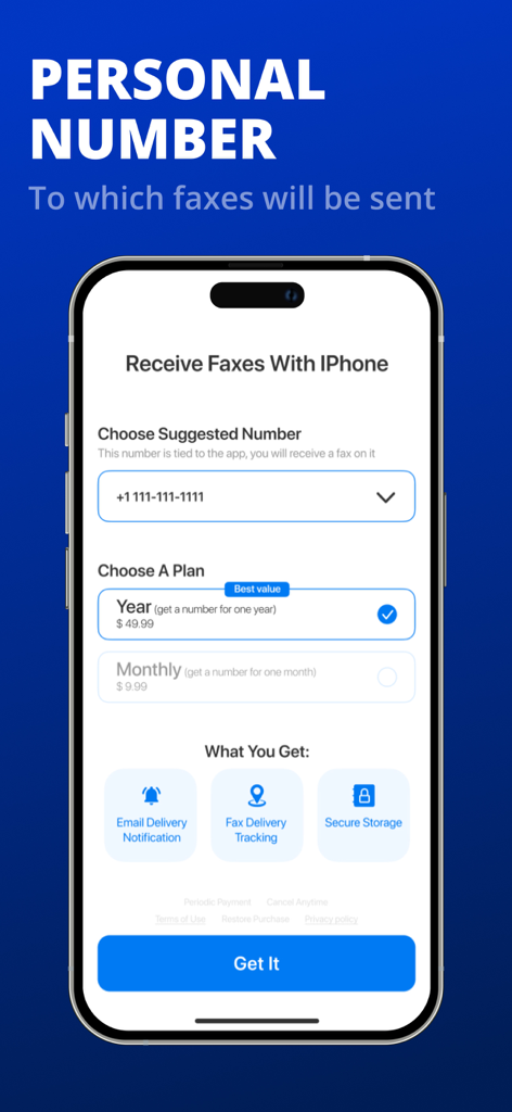 Interface for selecting a personal fax number and subscription plan on an iPhone