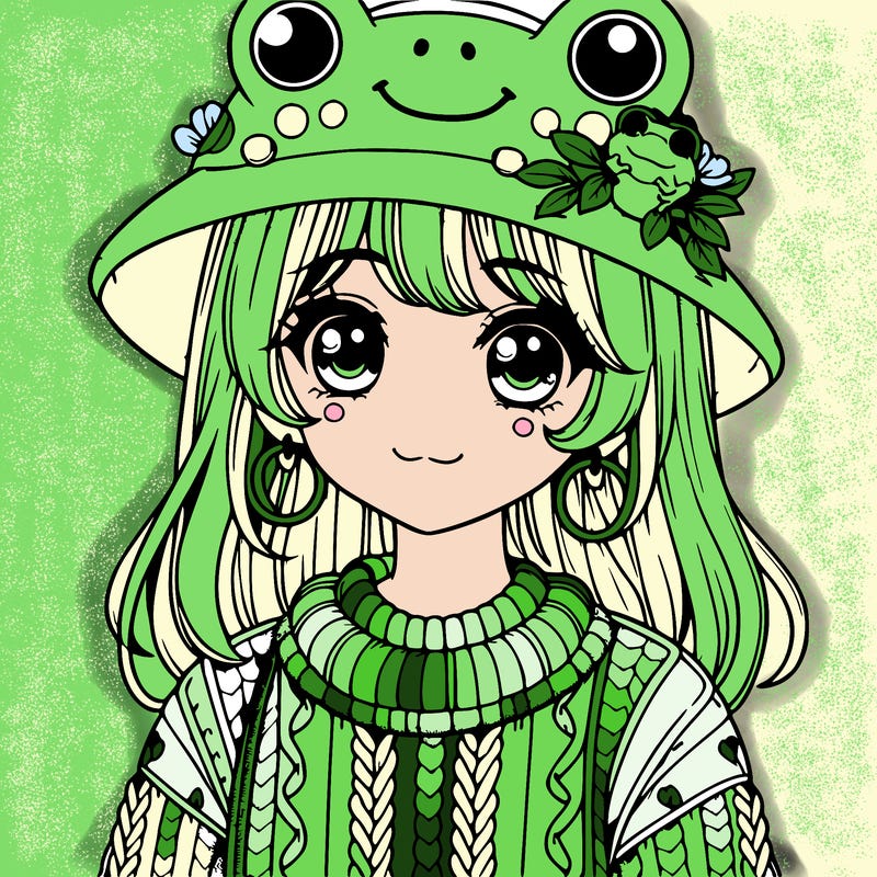 realistic girl wearing frog sweater and a frog hat with frog earrings