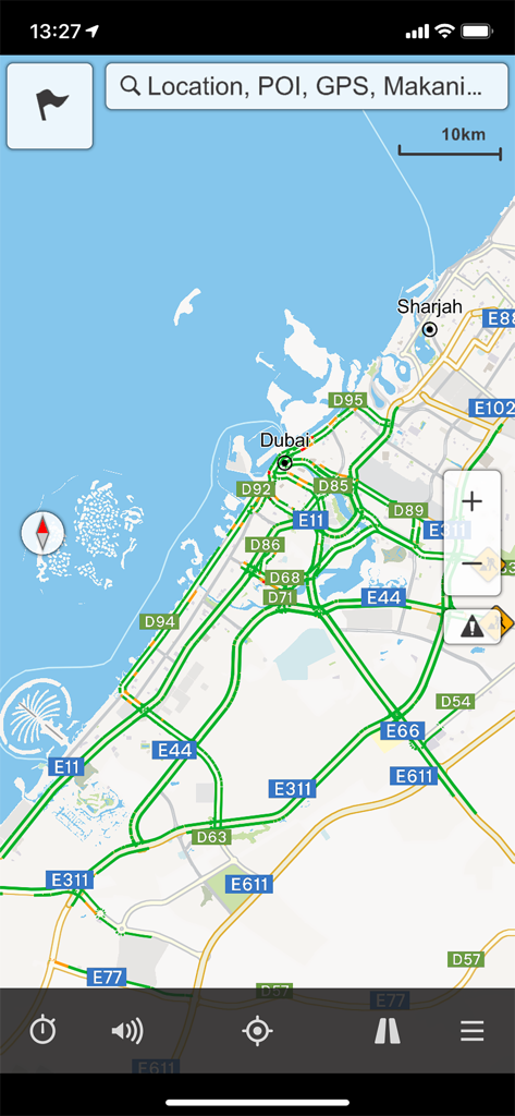 RTA Smart Drive - A navigation map of Dubai and Sharjah within the RTA Smart Drive app showing live traffic flow and major highway networks