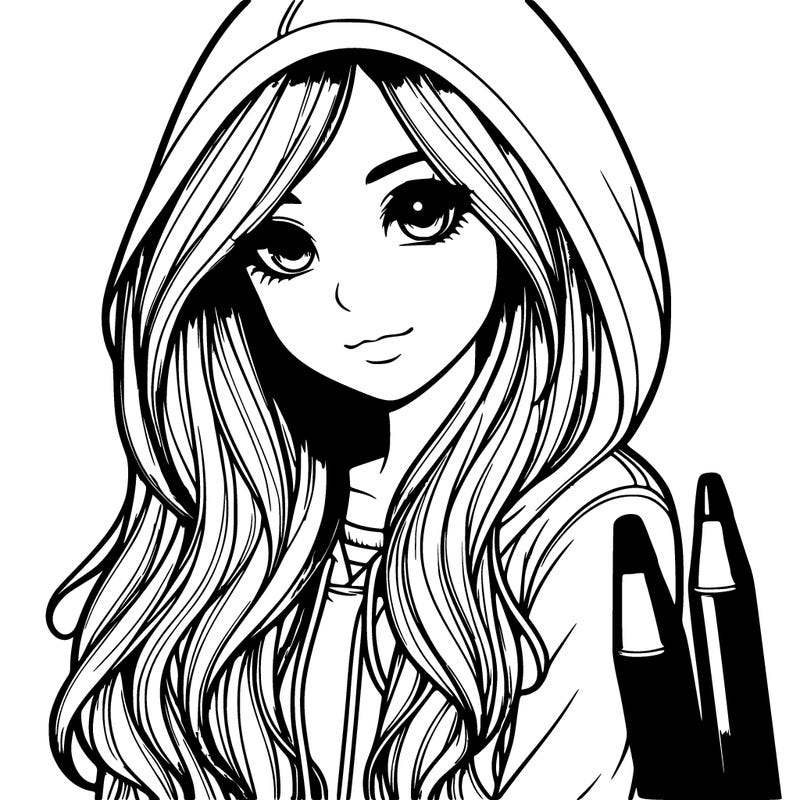 realistic girl with long hair, wearing a hoodie