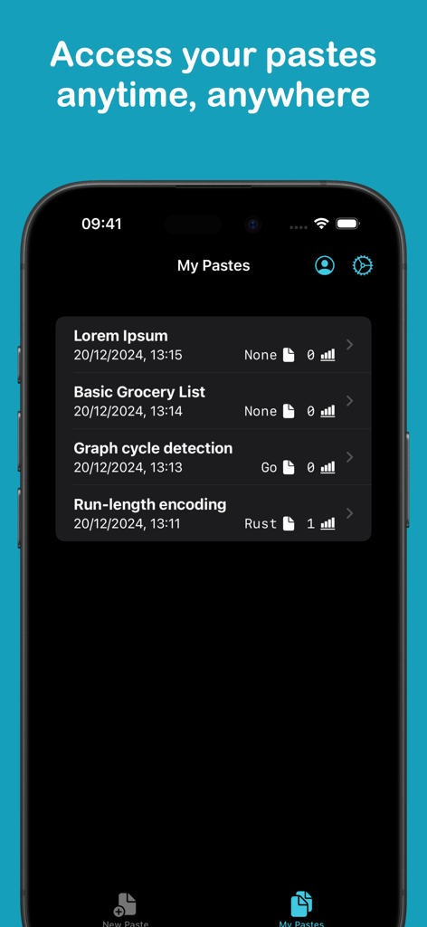 PasteSync - Pastebin Client - Screenshot of the PasteSync app showing a list of saved Pastebin snippets on an iPhone screen.