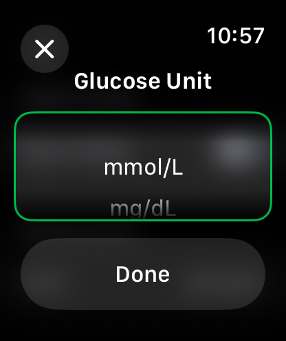 Pantalla de la aplicación Apple Watch para seleccionar las unidades de glucosa en sangre mmol por litro o mg por decilitro