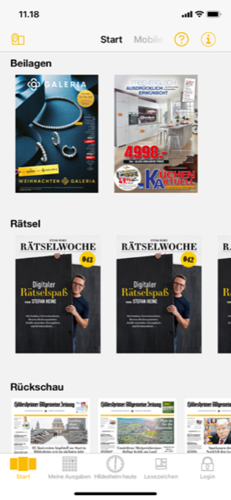 HAZ Digital - Startbildschirm der HAZ Digital App mit Zeitungsbeilagen und Rätseln