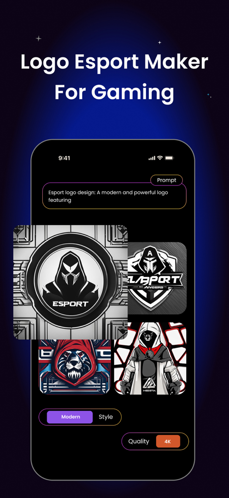 텍스트 프롬프트에서 현대적인 E-스포츠 게이밍 로고를 만드는 AI 로고 생성기의 인터페이스