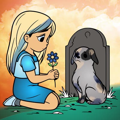 girl, sitting at a dog grave, sitting down flower and a dog ghost in front of her realistic