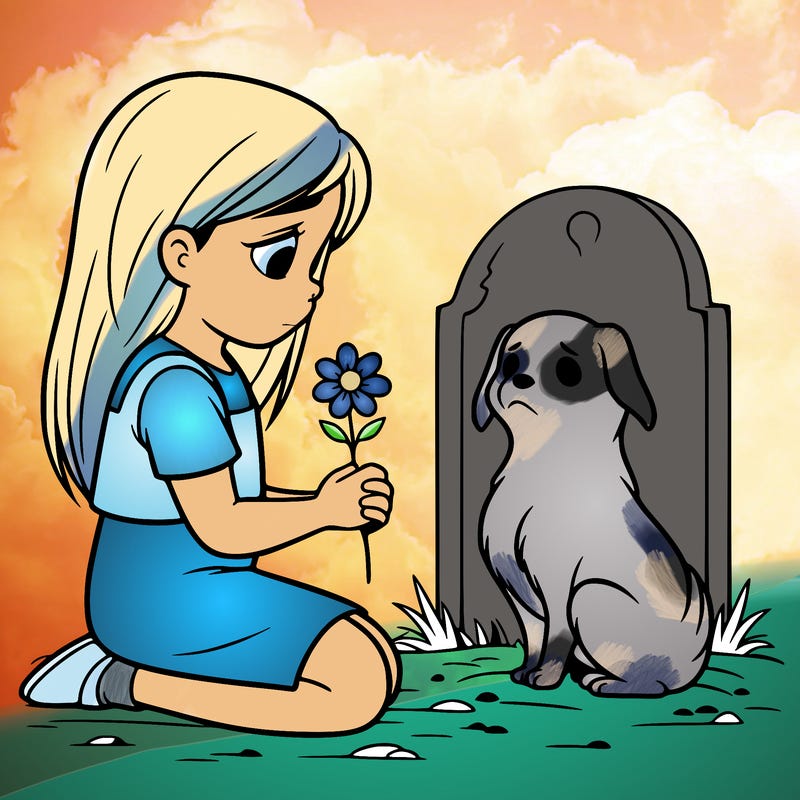 girl, sitting at a dog grave, sitting down flower and a dog ghost in front of her realistic
