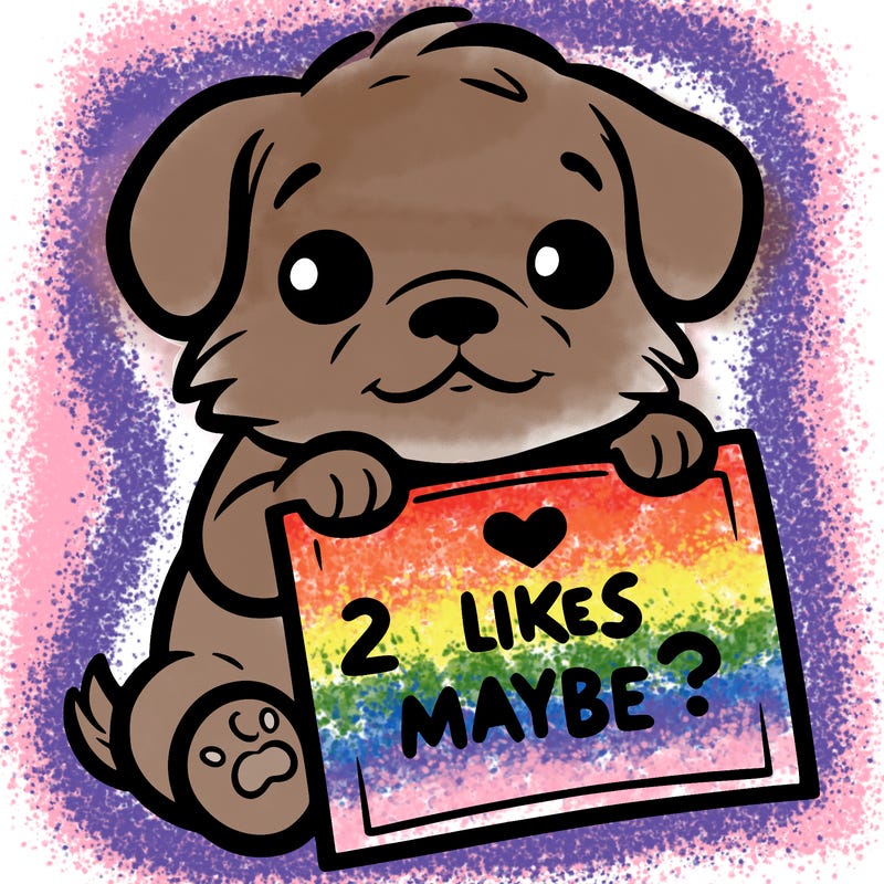 a puppy holding a sign that says 2 likes maybe?