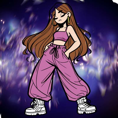 girl in baggy pants crop top and long hair