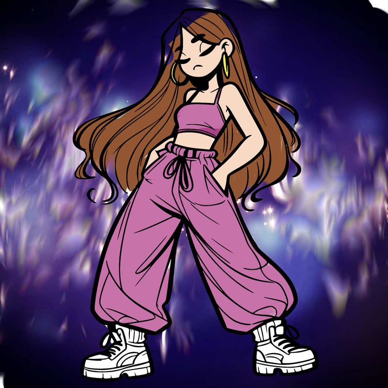 girl in baggy pants crop top and long hair