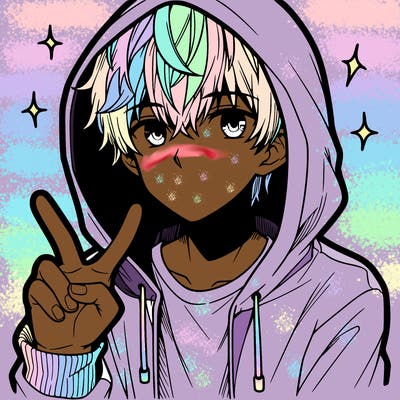 teenage manga boy in a hoodie, doing ✌