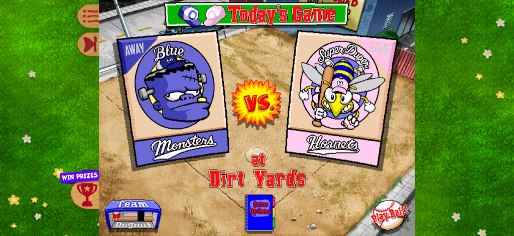 Backyard Baseball '97 - A game matchup screen in Backyard Baseball 97 featuring the Blue Monsters versus the Super Duper Hornets at Dirt Yards.