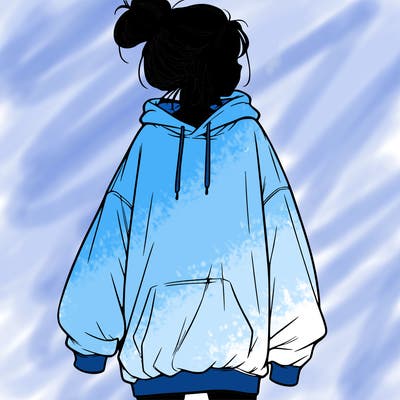 realistic girl with a oversized sweatshirt on and a bun