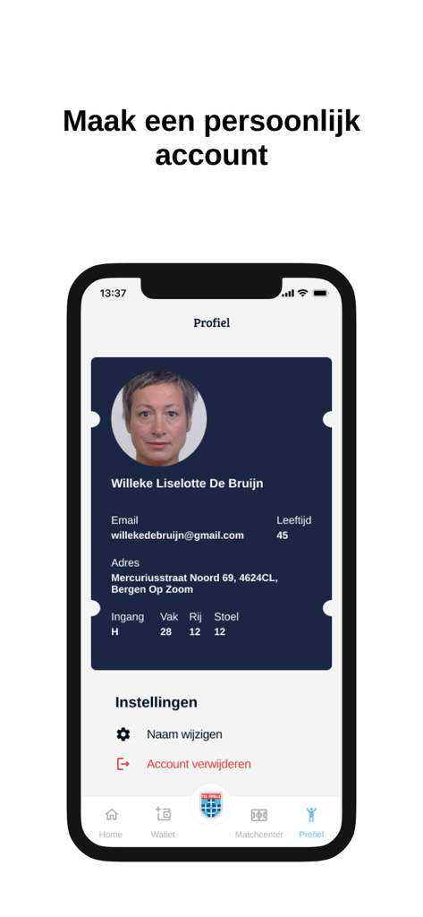 PEC Zwolle App - Profile view of the PEC Zwolle app showing user information and stadium seat details