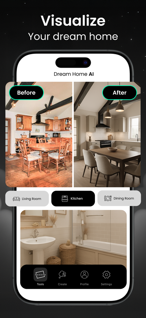 Before and after comparison of a kitchen redesign using the Dream Home AI app