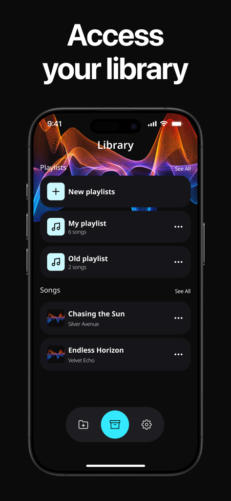 Écran de la bibliothèque musicale montrant des playlists et des chansons dans l'application Bass Booster