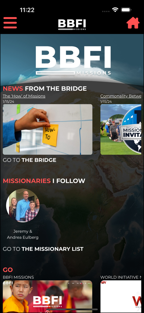 BBFI Missions - BBFI Missions app home screen displaying news from the bridge and followed missionary updates
