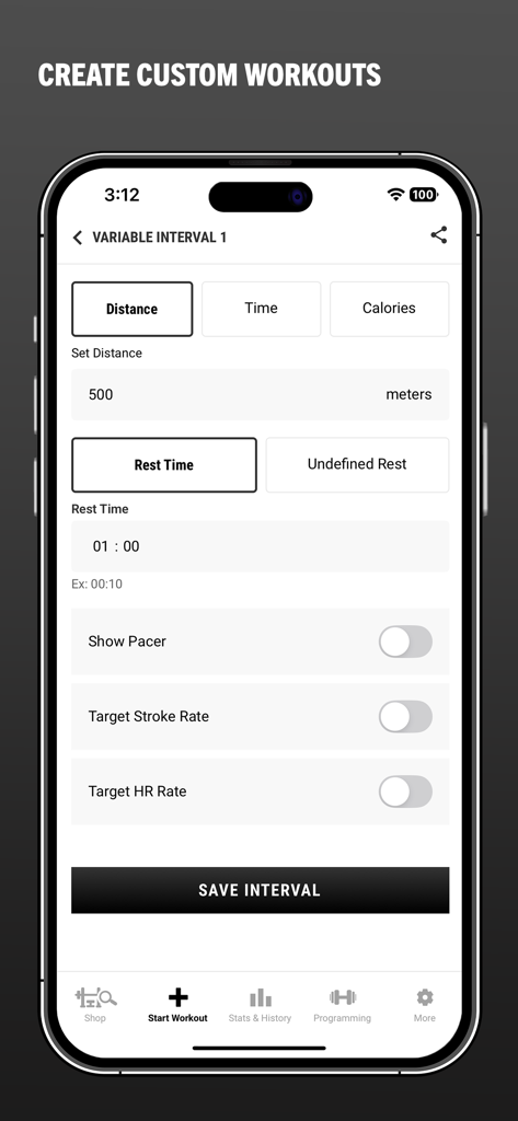 Rogue App - Interface de l'App Rogue montrant l'écran de création d'entraînement personnalisé avec des réglages de distance et d'intervalles