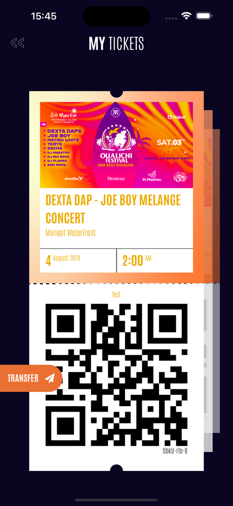 Kband - Entrada digital para un festival de música caribeña con un código QR y opción de transferencia en la aplicación Kband