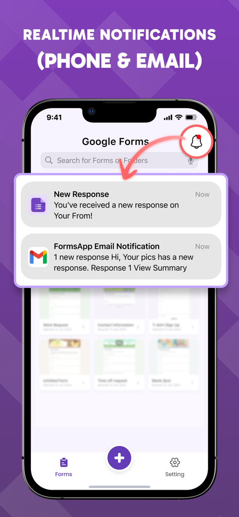 フォームの新しい回答に対するリアルタイムのプッシュ通知およびメール通知を示すスマートフォン画面